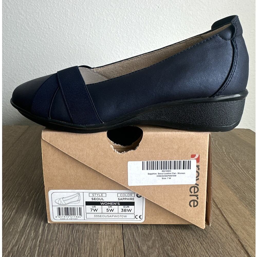 Revere Seoul Sapphire Navy Leather Wedge Flat Slip On Women Size 7 Wide New